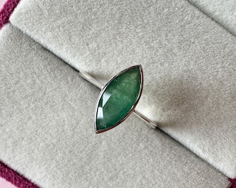 Natural Emerald Marquise Ring – 925 Sterling Silver, Minimalist May Birthstone