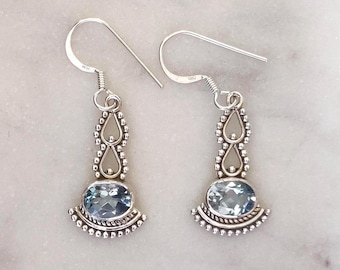 Handcrafted Blue Topaz Sterling Silver Dangle Earrings: Boho Hippie Style