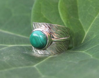 Handmade Malachite Sterling Silver Statement Ring – Wide Band Boho Jewelry