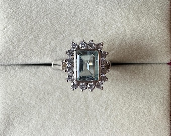 Aquamarine Engagement Ring: Sterling Silver, Moissanite Halo, March Birthstone