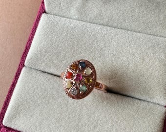 Bague Noratna/Navgrah En Argent 925 Avec 9 Pierres Précieuses Naturelles - Multicolore, Réglable