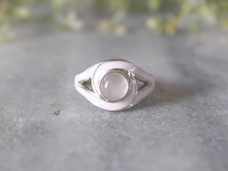 Handmade Sterling Silver Rose Quartz Ring – Pink Enamel Detail image 1
