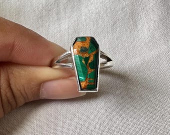 Coffin Malachite Ring: Green-Brown Gemstone, 925 Sterling Silver Gothic Jewelry