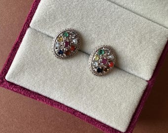 Navratan Gemstone Earrings: 925 Sterling Silver Vedic Jewelry