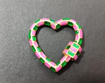 Heart Pink and Green Enamel Carabiner Pendant – Gold Rhodium Finish