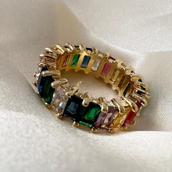 Gold Baguette Ring, Rainbow Ring, Colourful Stacking Ring, Eternity Band Ring, Multicoloured Stone Ring, Baguette Ring, Unisex Ring