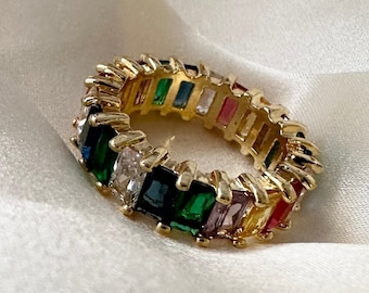 Bague baguette en or, bague arc-en-ciel, bague superposable colorée, anneau éternité, bague pierre multicolore, bague baguette, bague unisexe