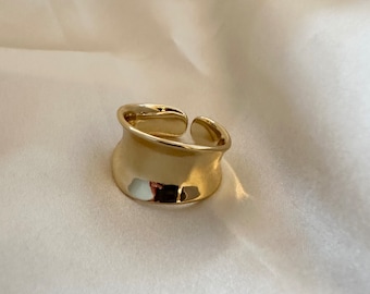 Anillo de oro grueso, anillo de declaración de oro, anillo de oro grueso, estilo retro, anillo de oro grande, anillo de oro ajustable, espalda abierta, unisex, anillo de apilamiento