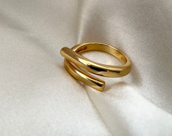 Anillo de doble capa de oro, anillo de oro, anillo de apilamiento de oro, anillo de oro unisex, anillo de declaración de oro, unisex