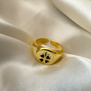 Gold Signet Ring, Four Leaf Clover Ring, Ireland, Irish, Good Luck, Statement Ring, Gold Stacking Ring, Present, Gift, Christmas, Ring