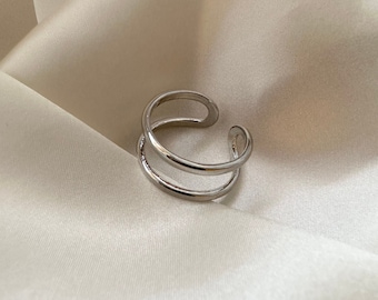 Zilveren dunne dubbellaagse ring, verstelbare stapelring, dunne dubbele stapelring, dubbele bandring, zilveren bandring, unisex, Kerstmis