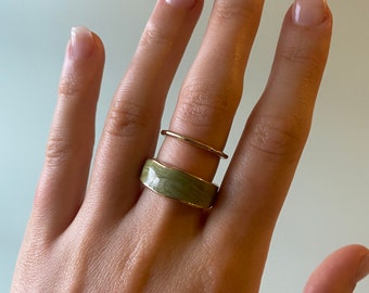 2 RINGS - Gold Ring, Stacking Ring, Gold Statement Ring, Gold Plated, Adjustable Ring, Promise Ring, Unisex Ring, Green Ring