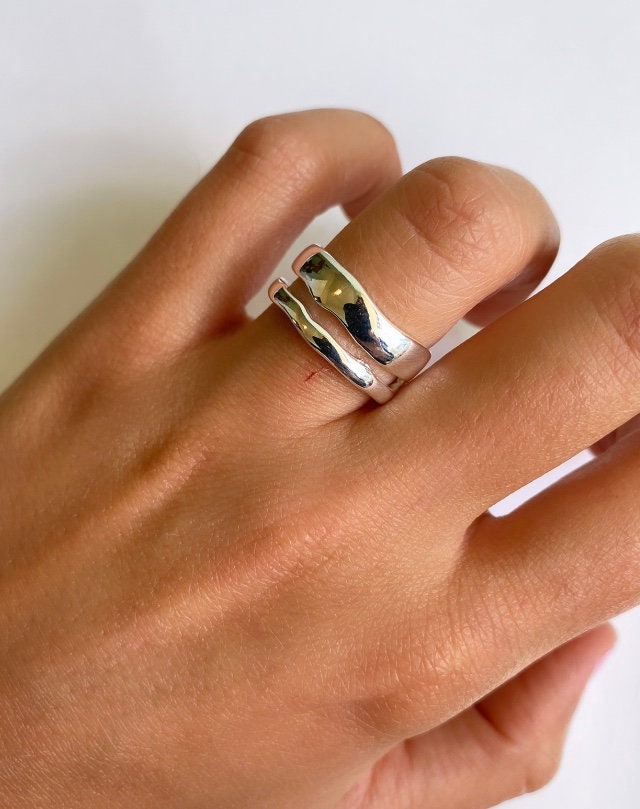 Sieraden Ringen Stapelbare ringen zilveren dubbele laag chunky stapelbare dikke verstelbare ring-zilveren duim ring-moederdag cadeau-cadeau voor moeder-gelaagde band 