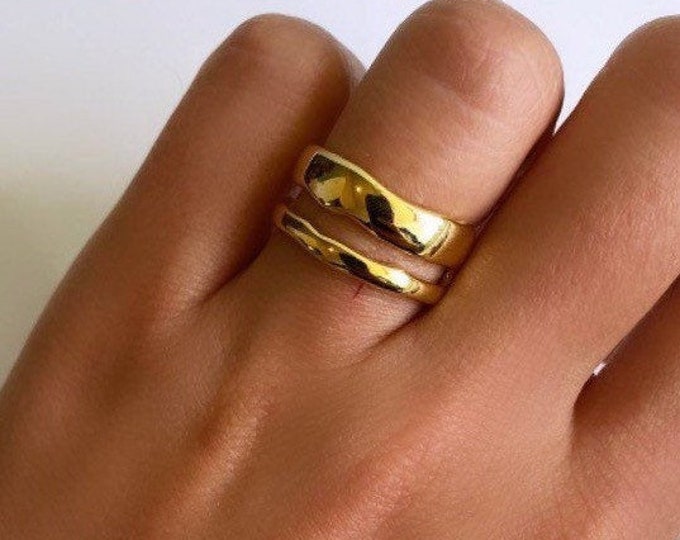 Gold Double Layer Ring, Chunky Gold Ring, Gold Stacking Ring, Thick Adjustable Ring, Unisex Gold