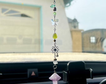 Amethyst Butterfly Mushroom Garden Car Charm / Window charm / Sun Catcher / Purse charm / Rear View Mirror Accessory / Car mirror decor