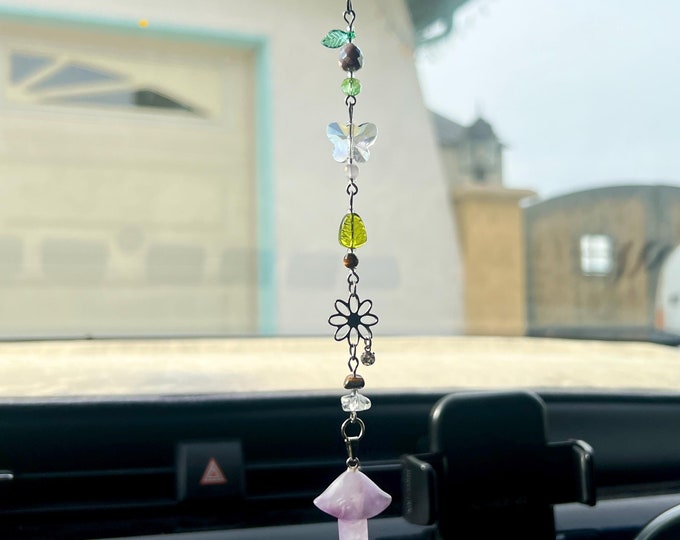 Amethyst Butterfly Mushroom Garden Car Charm / Window charm / Sun Catcher / Purse charm / Rear View Mirror Accessory / Car mirror decor