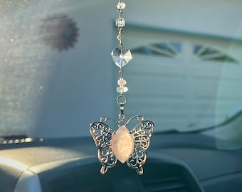 Rose Quartz Butterfly Car Charm / Rear view mirror accessory / Keychain / Suncatcher / Purse charm / Tote accessory
