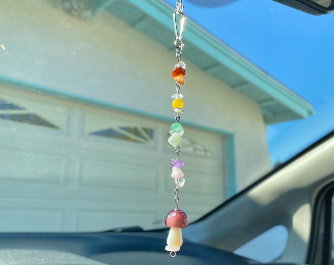 Rainbow Mushroom fairytale car charm / Rear view mirror accessory / car accessory / window charm / purse charm