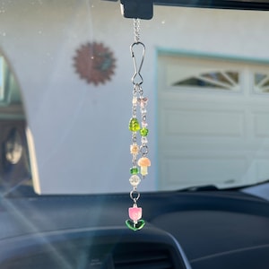 Flower Mushroom Garden Car Charm / Rear View Mirror Accessory / Window decor / Room decor / Purse charm / Keychain / Boho Decor