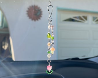 Flower Mushroom Garden Car Charm / Rear View Mirror Accessory / Window decor / Room decor / Purse charm / Keychain / Boho Decor
