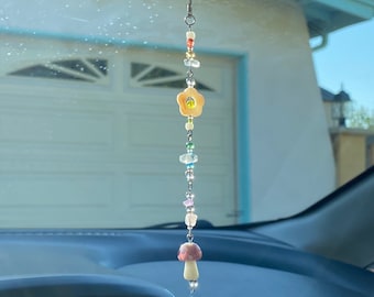 Mushroom Rainbow Flower Charm / Rear view mirror accessory / Purse charm / window decor / car charm / sun catcher
