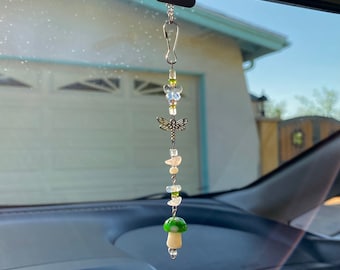 Dragonfly Mushroom Car Charm - Rear view mirror accessory