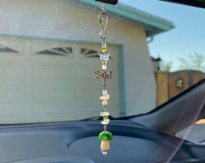 Dragonfly Mushroom Car Charm / Rear view mirror accessory / Purse charm / window decor / car accessory / sun catcher