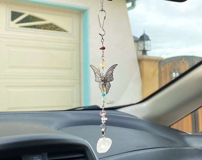 Rainbow Chakra Butterfly Quartz Charm / Car charm / Rear view mirror accessory / Window charm / Sun catcher / Purse charm / room decor