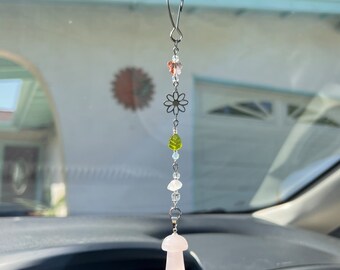 Rose Quartz Mushroom Fairy Car Charm / Rear view mirror accessory / sun catcher / purse charm / window charm / room decor / car accessory