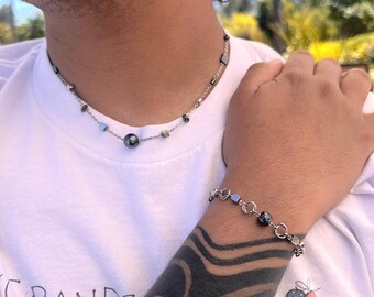 Geometric Layered Chain Necklace and Bracelet Set– Alt Grunge Minimalist Jewelry – Stainless Steel Necklace – Unisex Metal Grunge Gift
