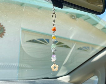 Rainbow/Chakra Beachy Flower Rear View mirror charm / car accessory / window charm / crystal decor / rainbow keychain