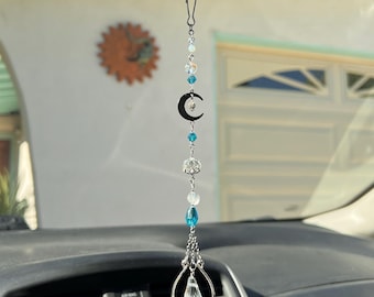 Crescent Moon Car Charm, Rear View Mirror Accessory, Celestial Crescent Moon Decor, Suncatcher, Water Droplet Jewelry, Witchy Decor