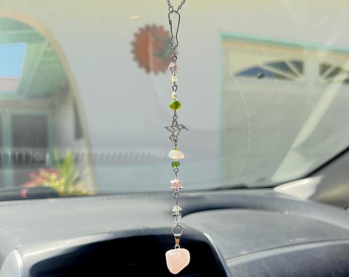 Hummingbird Car Charm – Rose Quartz Rearview Mirror Accessory