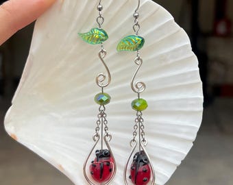 Ladybug in the Garden Drop Earrings - Fairytale Earrings, Ladybug Groovy Earrings,  Whimsical Jewelry, Quirky earrings, Bug Jewelry Gift