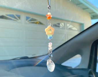 Clear Quartz Rainbow Flower Rear view mirror accessory / window charm / sun catcher / car charm