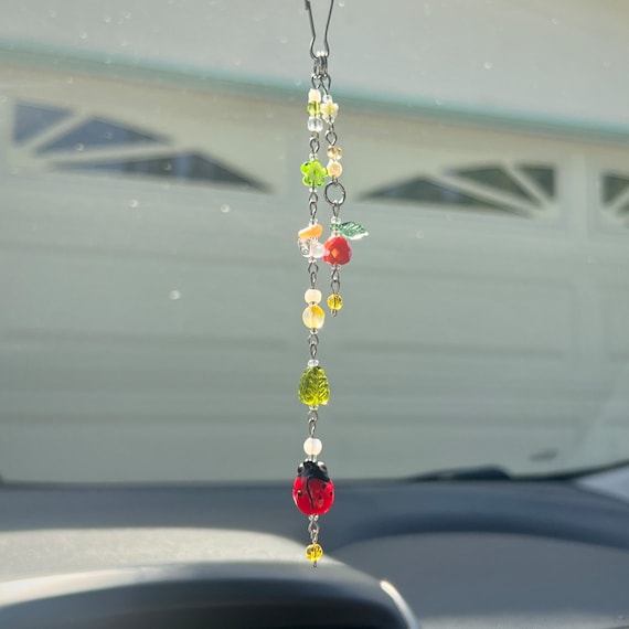 Ladybug Car Charm – Tangerine Rearview Mirror Accessory – Fruit & Nature Sun Catcher – Whimsical Car Decor – Fairy Cottagecore Gift for Her