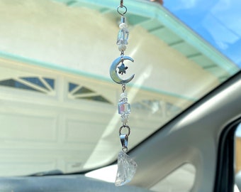 Clear Quartz Moon Rear View Mirror Charm / Fairytale Keychain / Car accessory / window charm