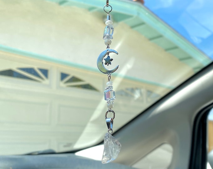 Clear Quartz Moon Rear View Mirror Charm / Fairytale Keychain / Car accessory / window charm