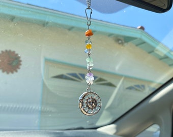 Rainbow/Chakra Celestial Sun Rear view mirror accessory / room decor / window charm / moon decor / sun catcher / car charm