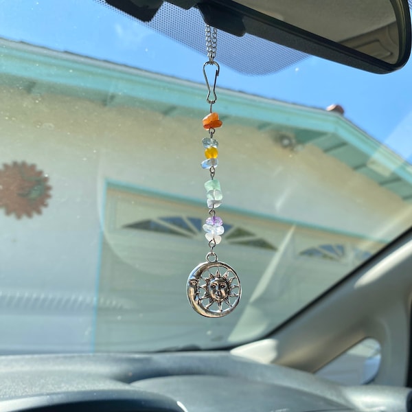 Rainbow/Chakra Celestial Sun Rear view mirror accessory / room decor / window charm / moon decor / sun catcher / car charm