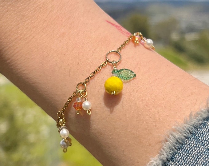 Lemon Drop Spring Charm Bracelet / Minimalist Bracelet / Minimalist Jewelry / Dainty Charm Bracelet / Fruit Springtime Jewelry