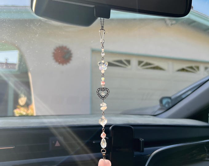 Rose Quartz Love Heart Car Charm