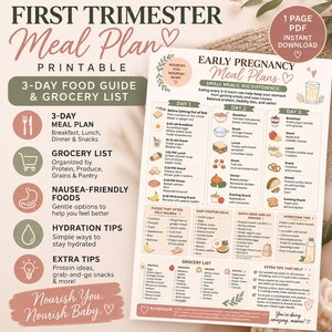 May include: A printable first trimester meal plan document featuring a 3-day food guide, grocery list, nausea-friendly foods, and hydration tips. The text includes Early Pregnancy Meal Plans, Small Meals, Big Difference, and Nourish You, Nourish Baby.