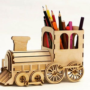 laser cut Wooden locomotive pen organizer, jigsaw train, Vector projects for , cnc Cut Vector, Plywood 3mm, 2mm vector cnc router.