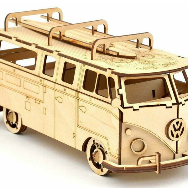 Modèle de voiture 3D puzzle WV Bus voiture rétro découpé au Laser plans de routeur CNC DXF CDR ai eps svg vecteur Téléchargement instantané