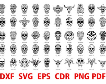 Set of 50 Sugar Skull svg file, Sugar Skull cut file, Sugar Skull clipart, day of the dead svg, dia de los muertos svg, sugar skull vector,