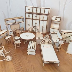 Laser Cut Dollhouse Furniture full set Miniature Chair Table Bed SVG DXF EPS Vector