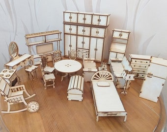 Laser Cut Dollhouse Furniture full set Miniature Chair Table Bed SVG DXF EPS Vector