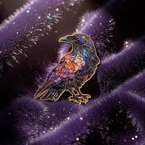 New Stained Glass Raven Soft Enamel Pin – Colorful Crow Soft Enamel Pin – Gothic Bird Brooch – Art Nouveau Style