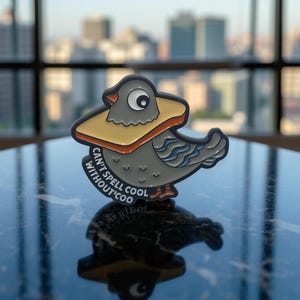 Può includere: Spilla in smalto grigio e arancione a forma di piccione con un panino. La spilla presenta il testo bianco "CAN'T SPELL COOL WITHOUT COO". La spilla è su una superficie riflettente con uno skyline sullo sfondo.